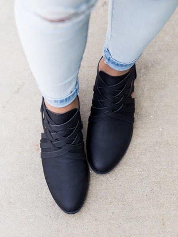 Plus Size Criss-Cross Ankle Heel Booties Hollow-out PU Boots