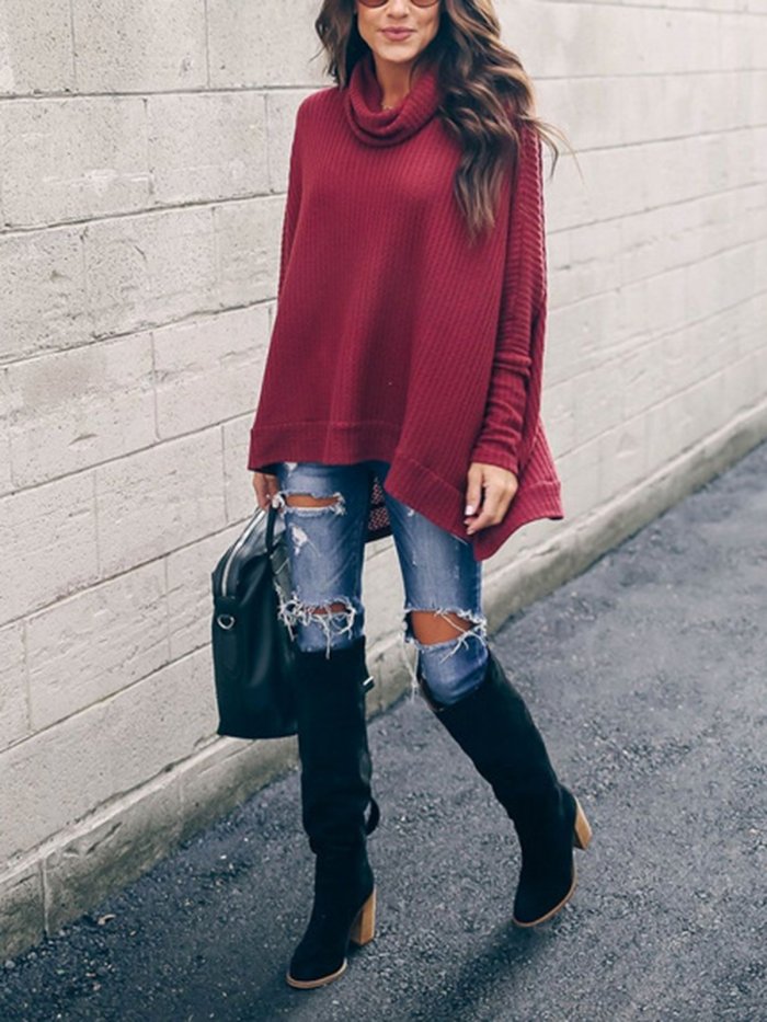 4 Colors Elegant Turtle Neck Paneled Knit Wear Sweaters
