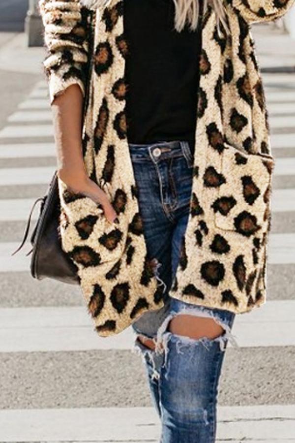 Collarless  Flap Pocket  Leopard Printed Cardigans