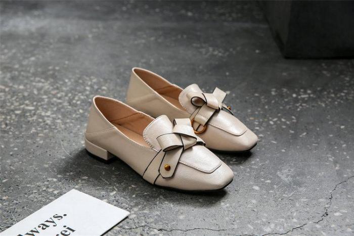 Natural Real Leather Bow Square Toe Flat Boat Shoes