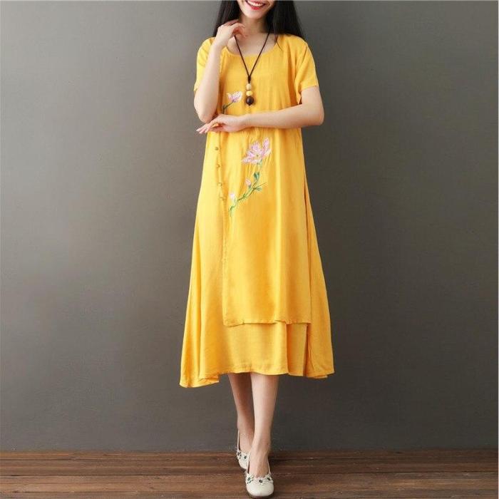 cotton line vintage embroidery floral short sleeve A-Line maxi dress