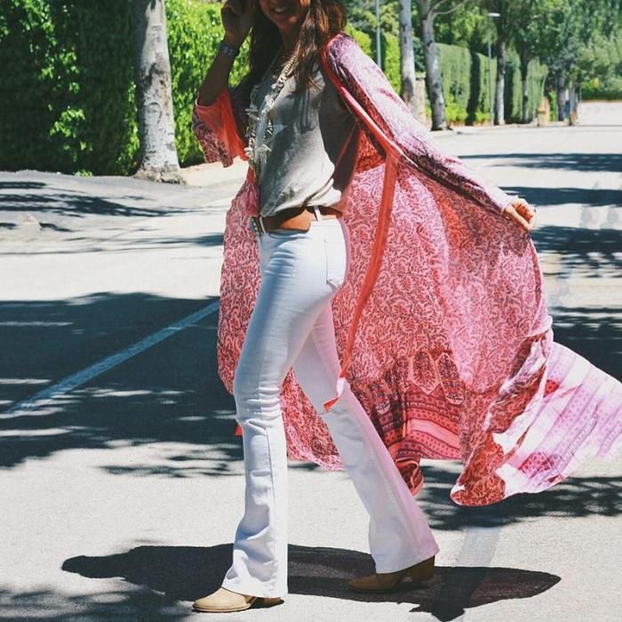 Casual Long Sleeve Printed Long Lace-Up Cardigan