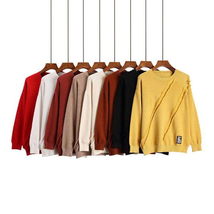 Handmade Frayed Round Neck Knitted Solid Long Sleeve Sweaters