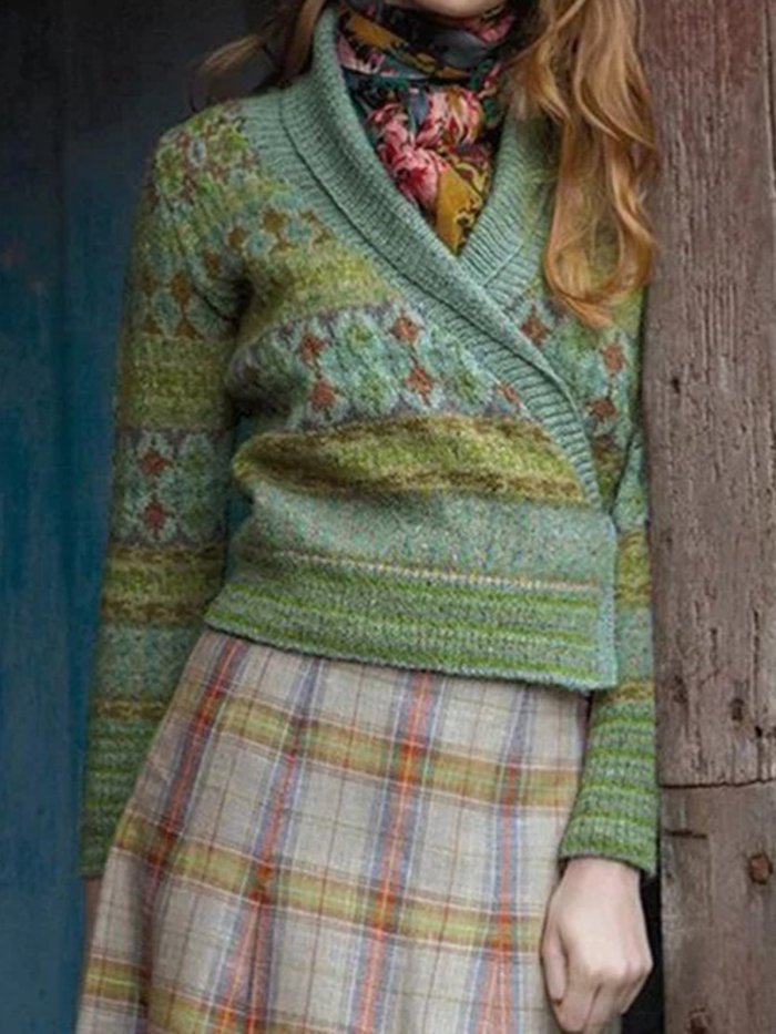 Long Sleeve Shawl Collar Floral Vintage Sweaters