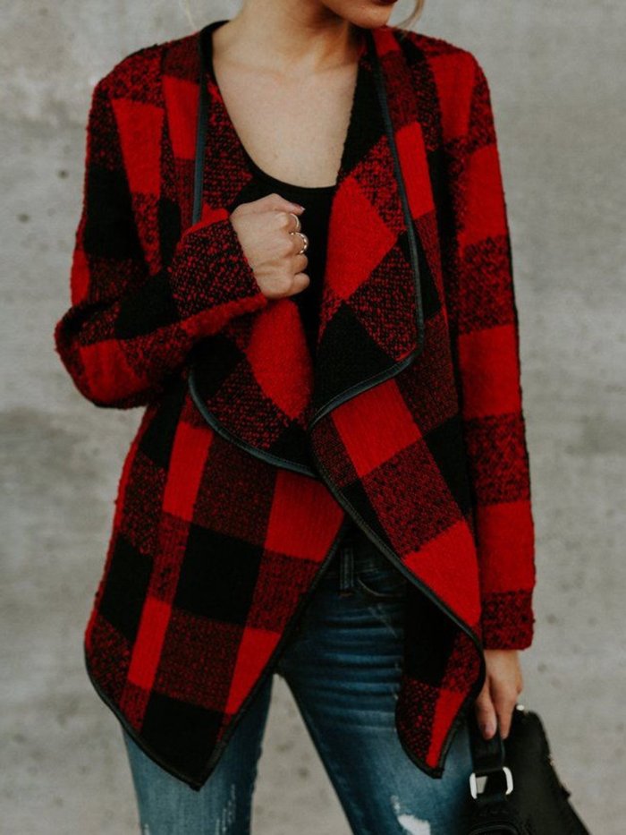 Autumn & Winter New Plaid Loose Turn-down Collar Long Sleeve Woolen Coat Outwear
