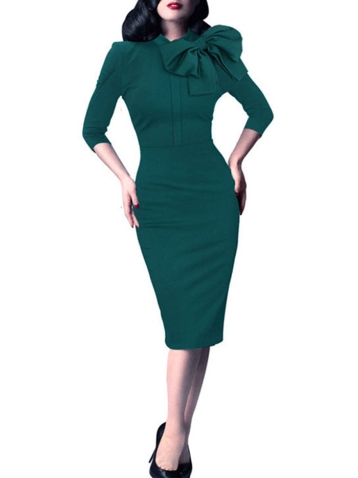 Elegant Round Neck Bow Slim Bodycon Dress