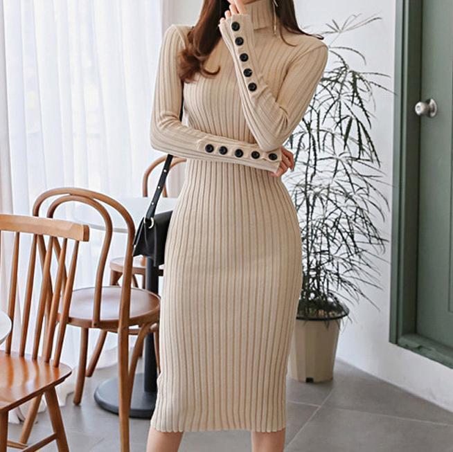 Casual Sexy High   Collar Pure Color Knitted Sweater Maxi Dresses