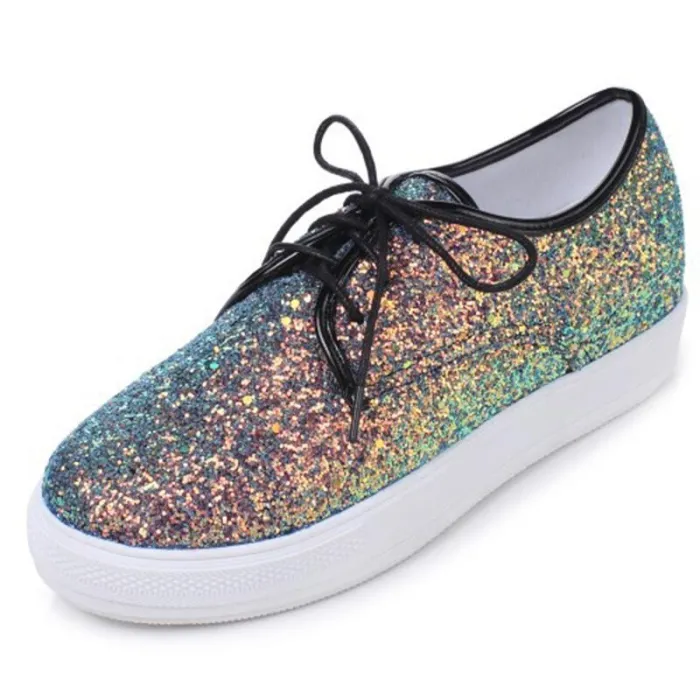 Casual Brisk Paillette Lace-Up Wedges Heels Sneakers