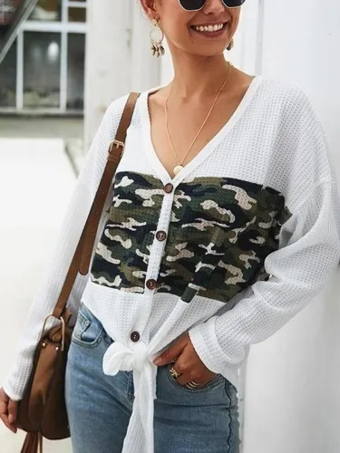 Casual Camouflage Print Knotted Knit  T-Shirt Cardigan
