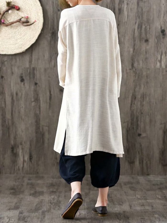 Casual Long Sleeve Solid Linen Cotton Cardigan