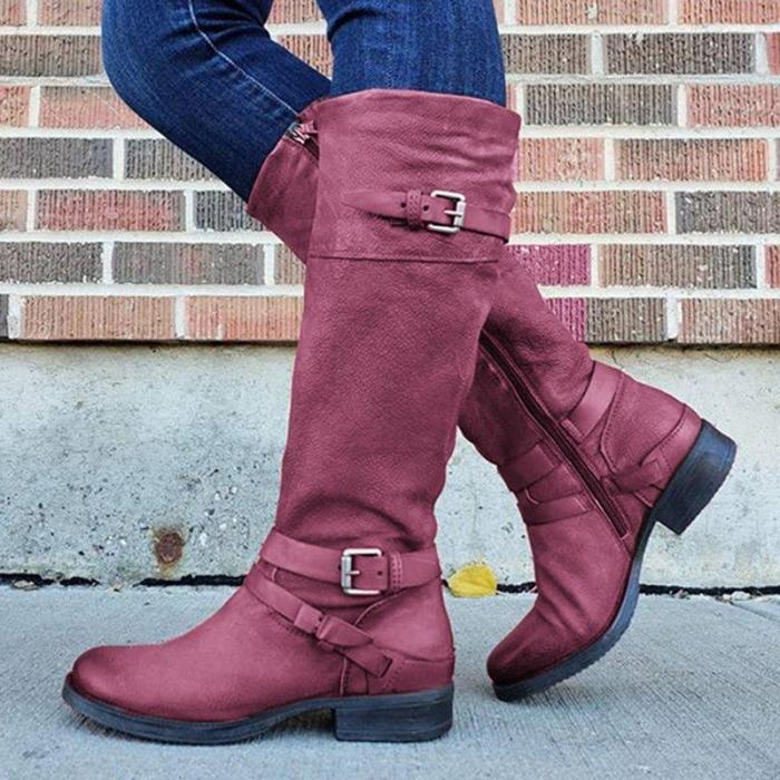 Women Plus Size Riding Boots Zipper Low Heel Faux Leather Boots