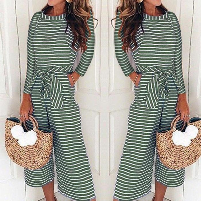 Long-Sleeved Striped Print Jumpsuits