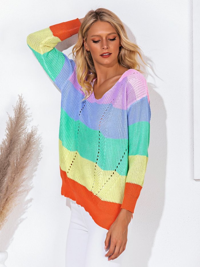 Multicolor Color-Block Striped Eyelet Long Sleeve Sweaters