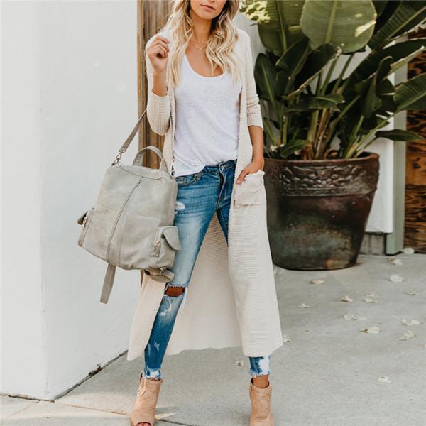 New solid color button big pocket casual long style cardigan coat