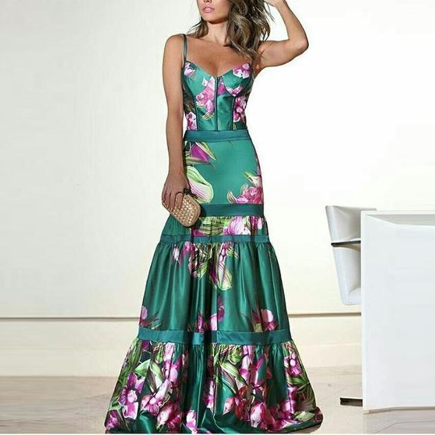 Fashion Sexy Floral Plunge Ruffles Layered Hem Evening Dress Fishtail Dress