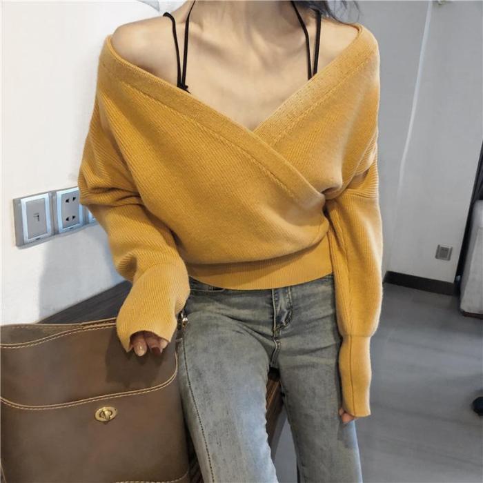 Fashion Sexy V Neck Pure Color Knitted Sweater