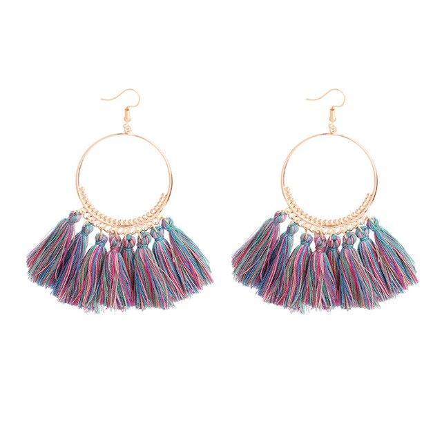 Bohemia Style Colorful Thread Tassel Pendants Big Round Hoop Earring