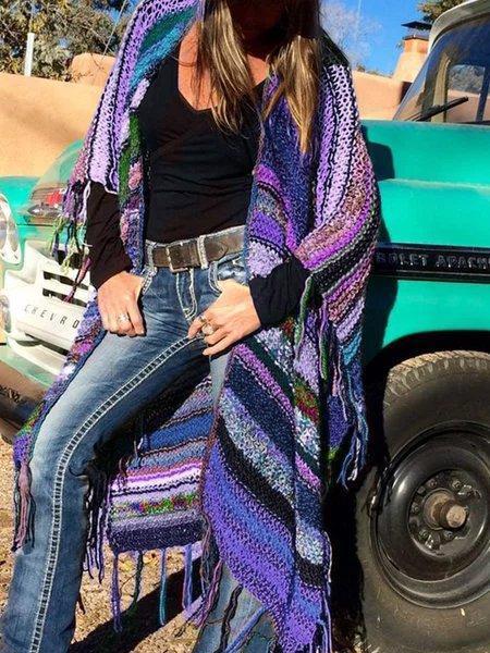 Color-block Long Sleeve Tassel Knitted Outerwear