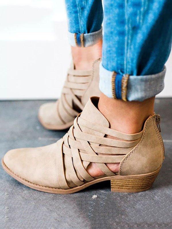 Plus Size Criss-Cross Ankle Heel Booties Hollow-out PU Boots