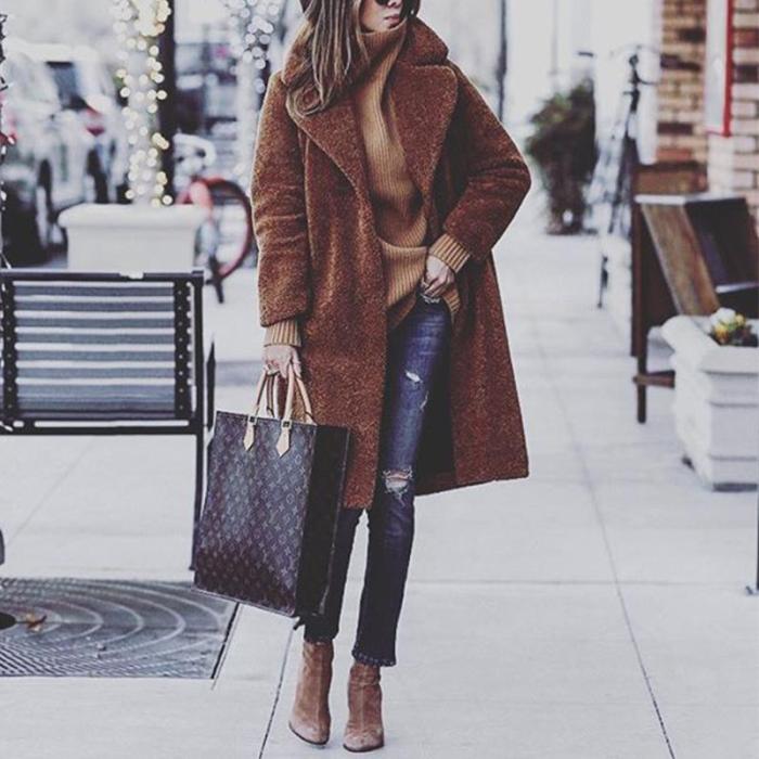 Fashion Lapel Pocket Long Sleeve Polar Fleece Coats