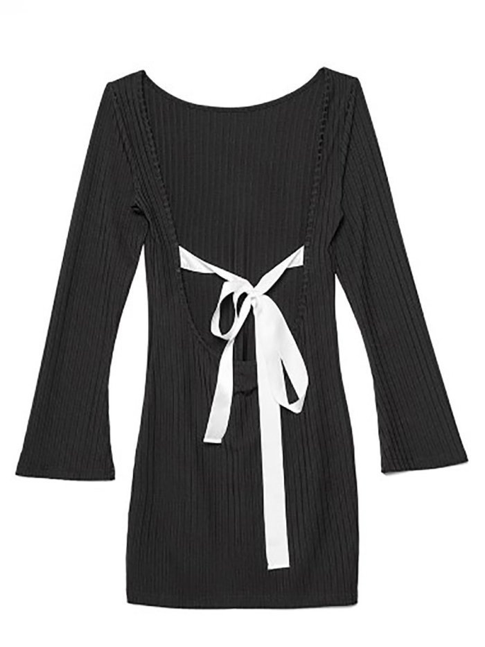 Round Neck  Backless Bowknot Cutout  Plain Bodycon Dresses