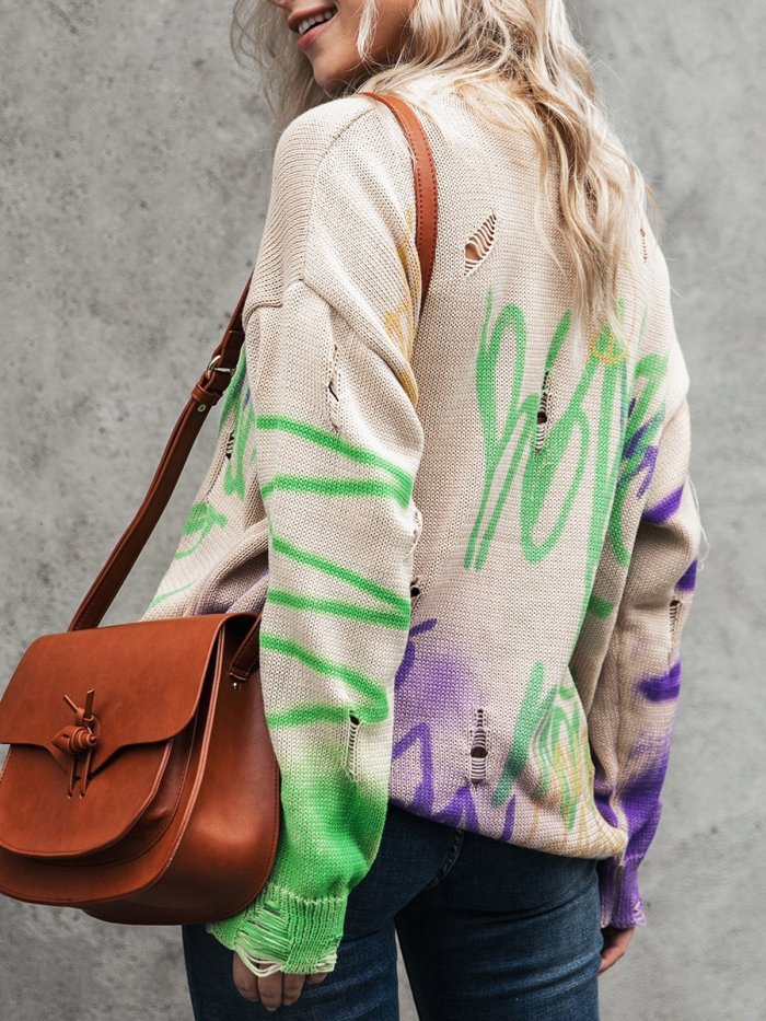 Long Sleeve Shift Color-Block Crew Neck Sweater