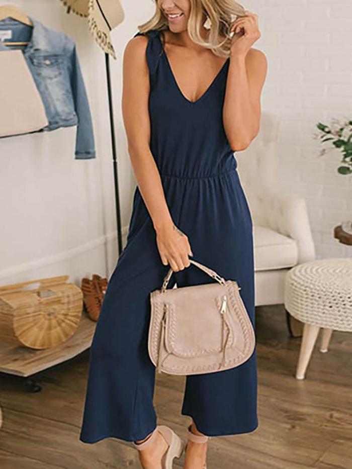 Casual V Neck Sleeveless Pure Colour Pleated Jumpsuit