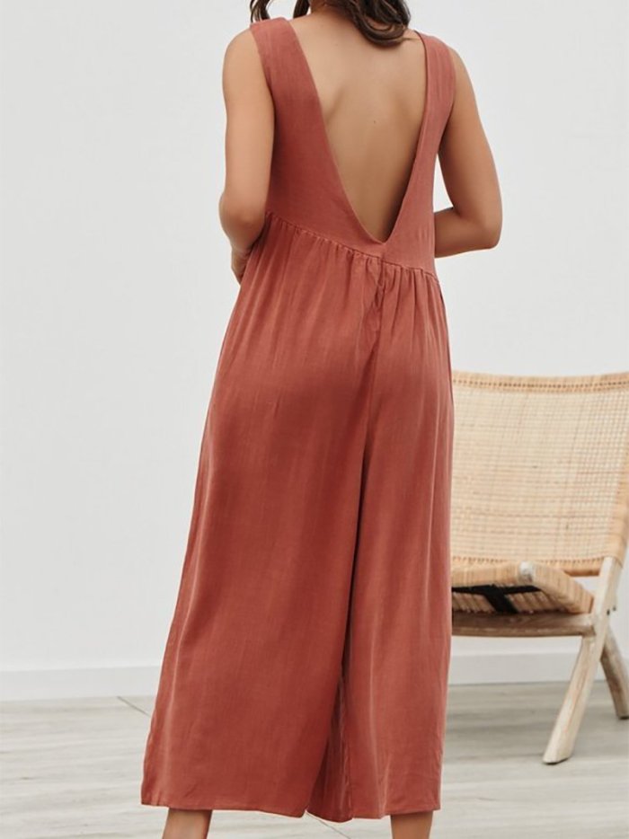 Fashion Pure Colour Sleeveless Vest Jumpsuits