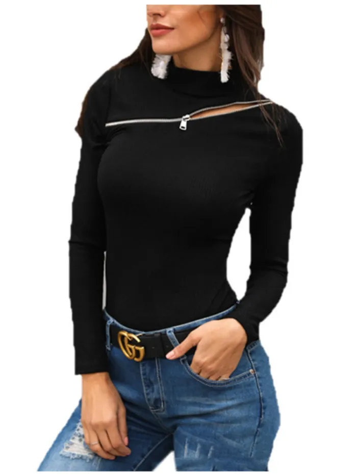 Women Zipper Long Sleeve Solid Casual Turtleneck Sweaters