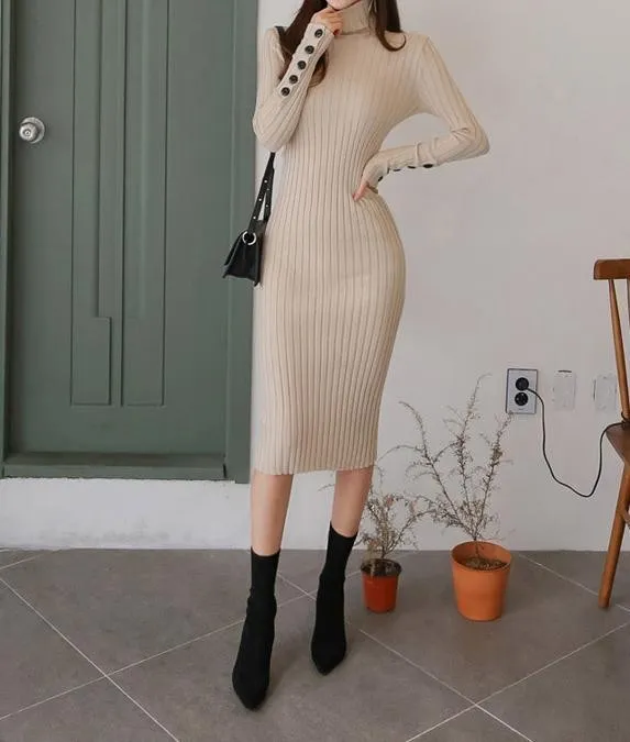 Casual Sexy High   Collar Pure Color Knitted Sweater Maxi Dresses