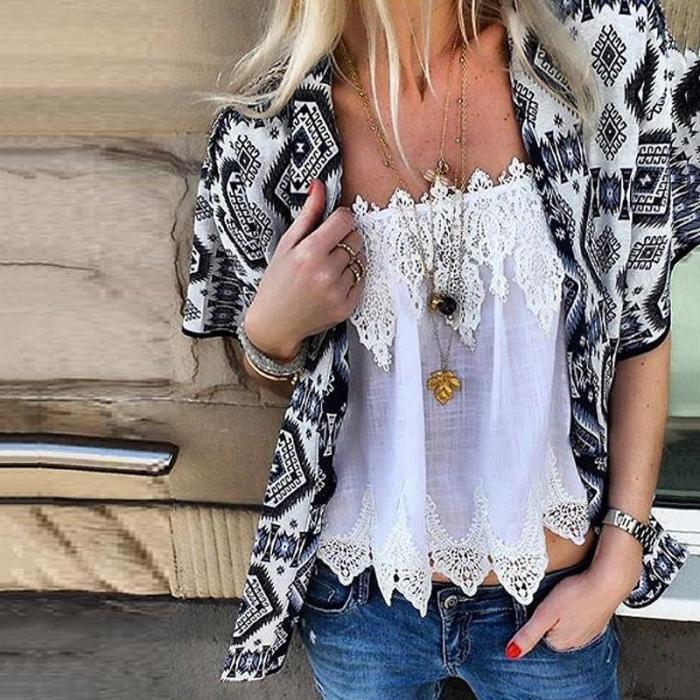 Bohemian Printed Short Sleeve Cardigan Lace Vest Suits