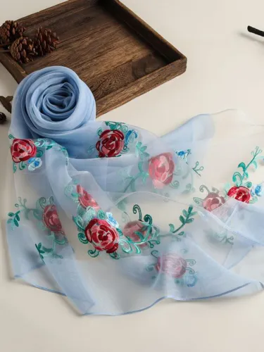 Summer Floral-Embroidered Silk-Blend Long Women Scarf