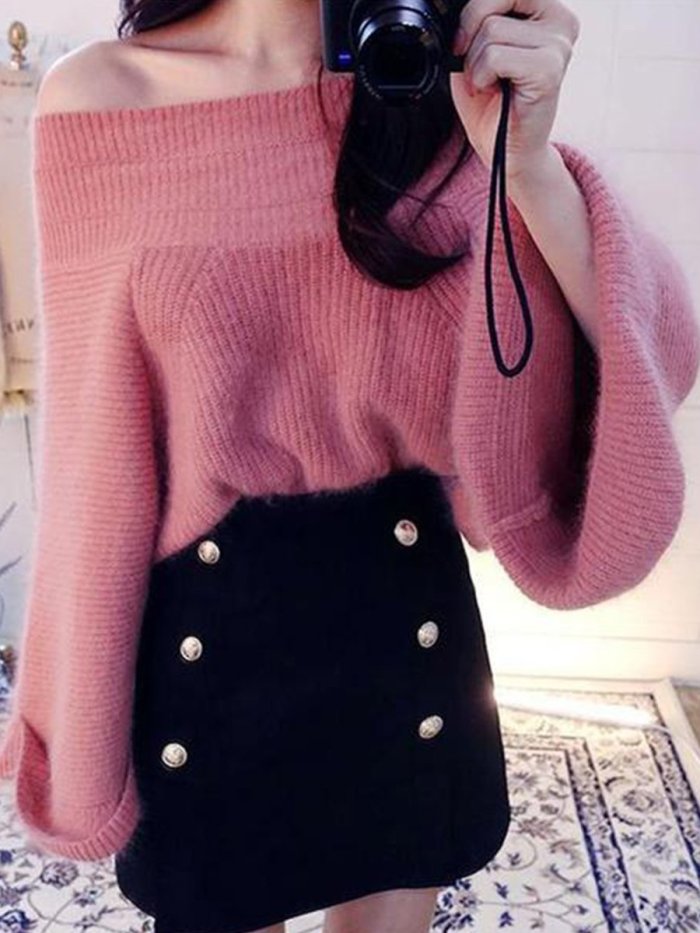 Fashion Pure Colour   Off-Shoulder Sweater