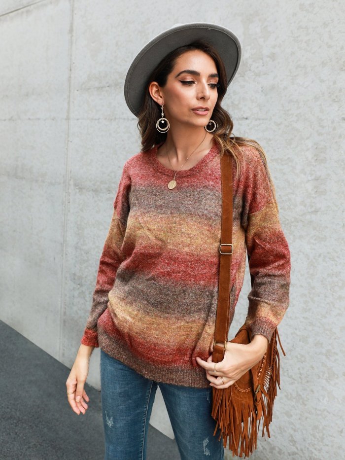 Color-Block Long Sleeve Crew Neck Work Sweaters