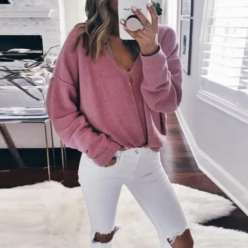 Fashion Sexy V Collar Plain Sweater