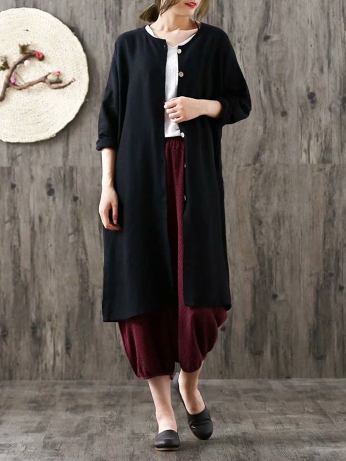 Casual Long Sleeve Solid Linen Cotton Cardigan