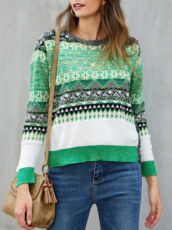 Green Knitted Color-Block Tribal Long Sleeve Sweaters