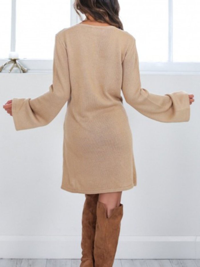 Lace Up Casual Wool Blend V-Neck Long Sleeve Knitted Dress