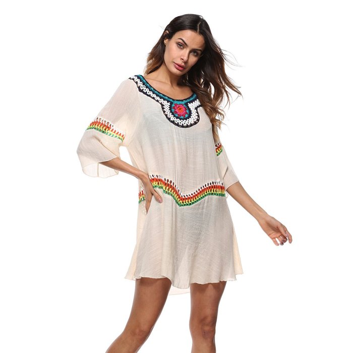 Loose Casual Beach Hollow Out White O Neck Boho Mini Dresses
