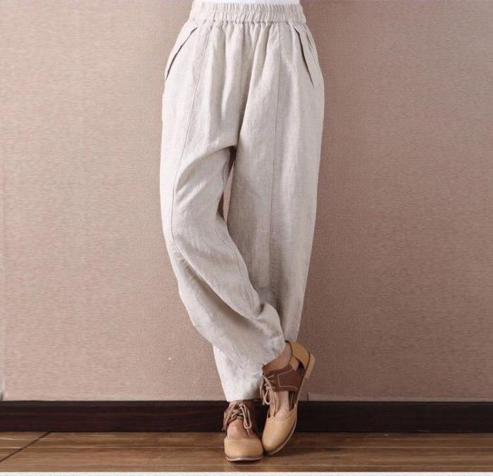 Linen Wide Leg Pants Loose Elastic Waist Trousers Casual Bloomers