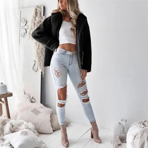 Fashion Zipper Pocket   Lapel Cardigan Long Sleeve Jacket Coat