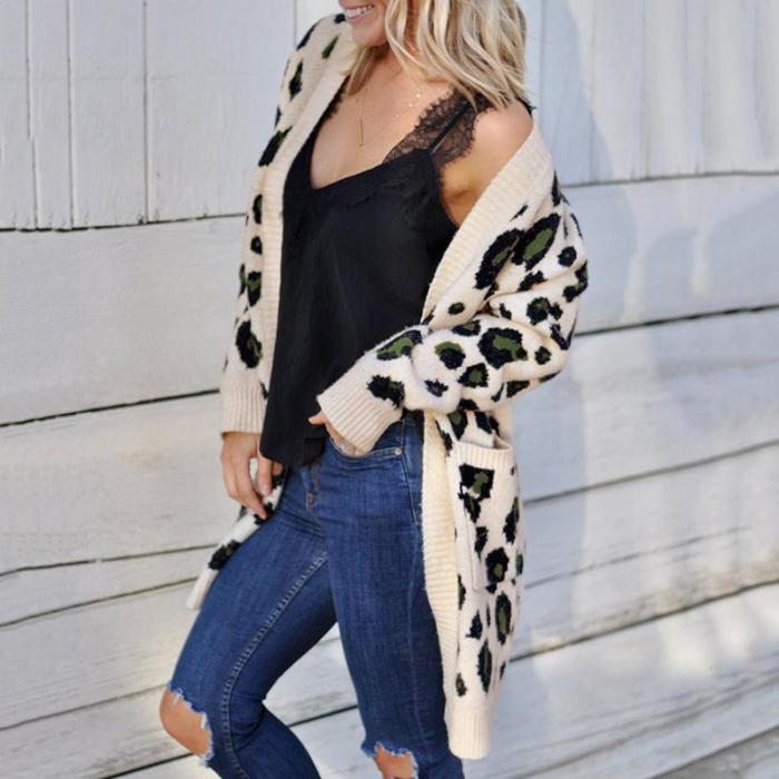 Fashion Leopard Print Pockets Loose Sweater Cardigan