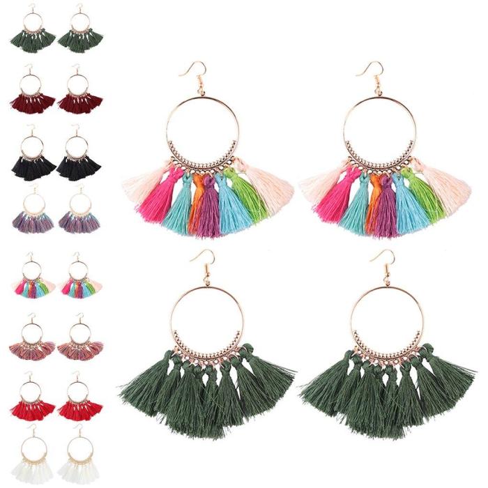 Bohemia Style Colorful Thread Tassel Pendants Big Round Hoop Earring