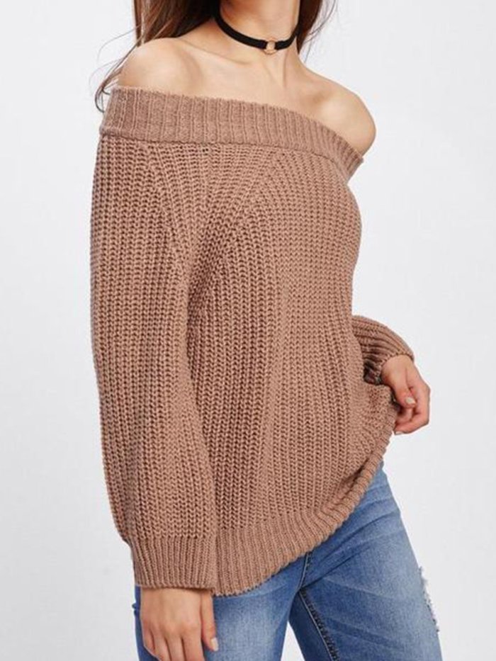 Solid Color One Word Collar Long Sleeve Sweater