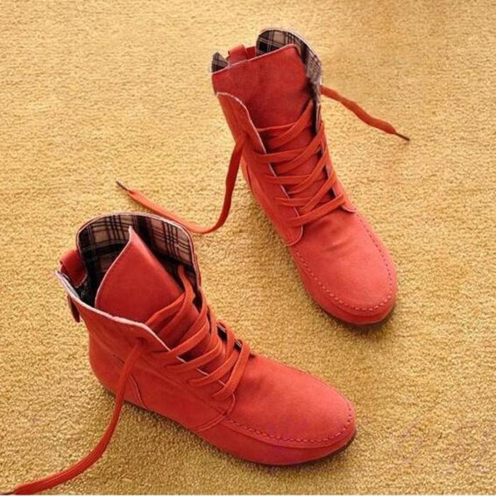 Plus Size Flock Ankle Lace-Up Flat Boots
