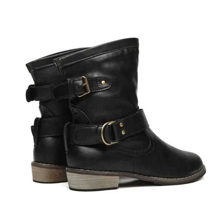 Buckle Strap Boots Women Mid-Calf Shoes