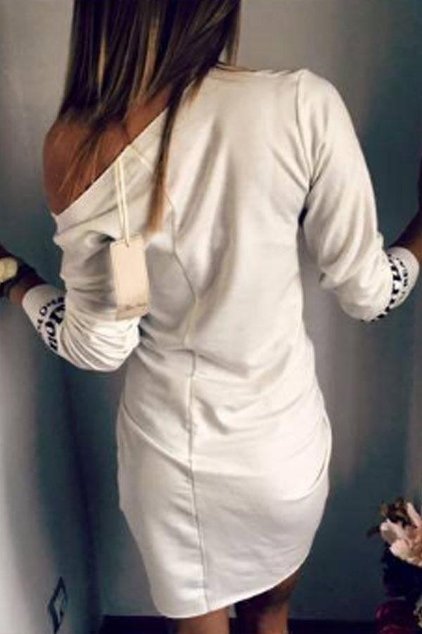 One Shoulder  Letters Printed  Long Sleeve Bodycon Dresses