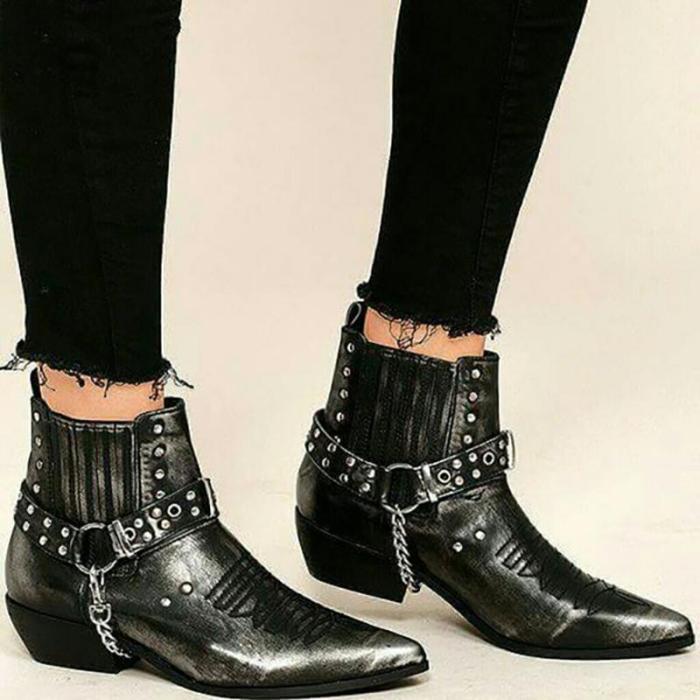 Black Rivet Fall Casual Chunky Heel Pu Boots