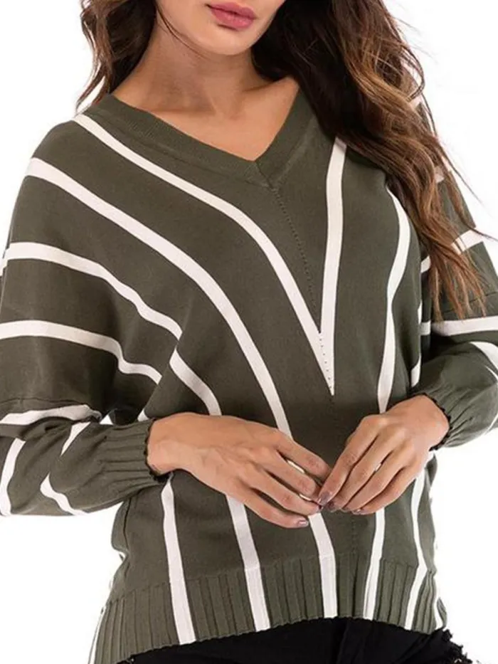 V  Neck  Striped  Basic Sweaters