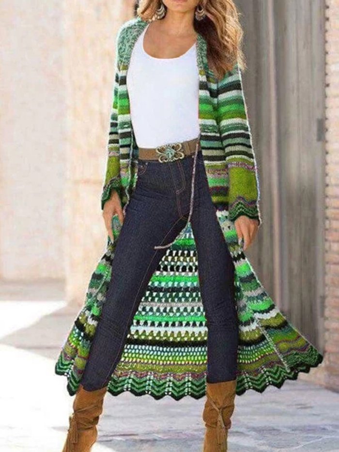Long Sleeve Knitted Color-Block Vintage Shift Cardigan